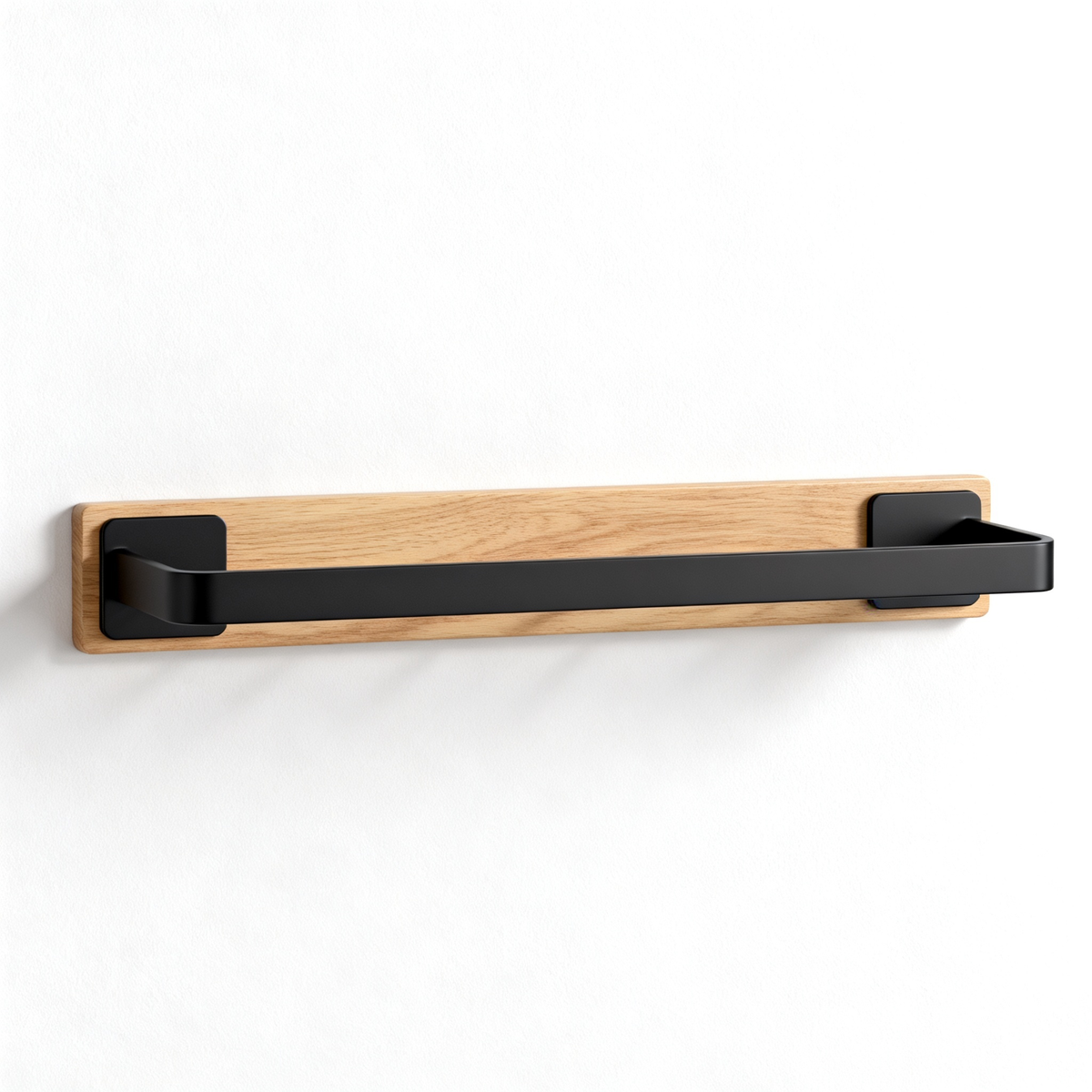 Light oak wall-mounted display shelf with black metal front rail and side brackets