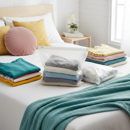 Reusable clear storage bag being organized with seasonal clothing on a bed