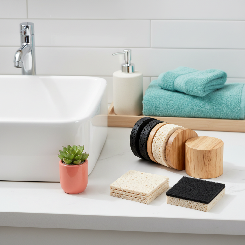 Wood and textured sponge cleaning set arranged on a bathroom vanity