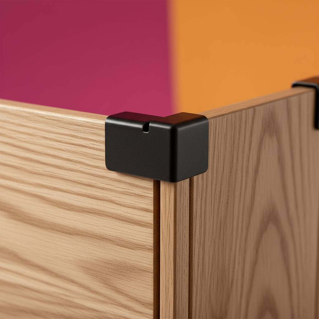 Close-up of wood-grain panel edges and black protective corner connectors