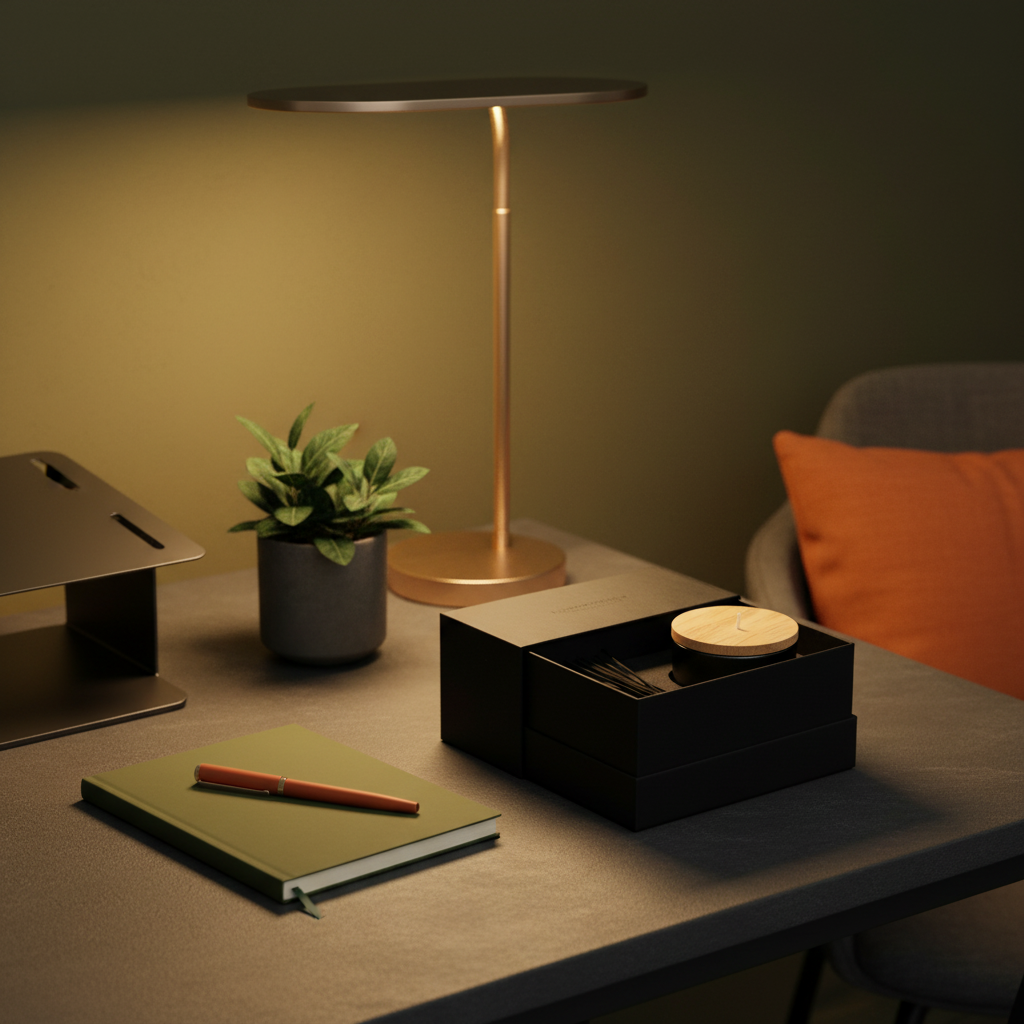 Wood-lid home fragrance gift set styled on a modern desk beside a plant and warm lamp