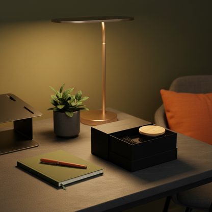 Wood-lid home fragrance gift set styled on a modern desk beside a plant and warm lamp