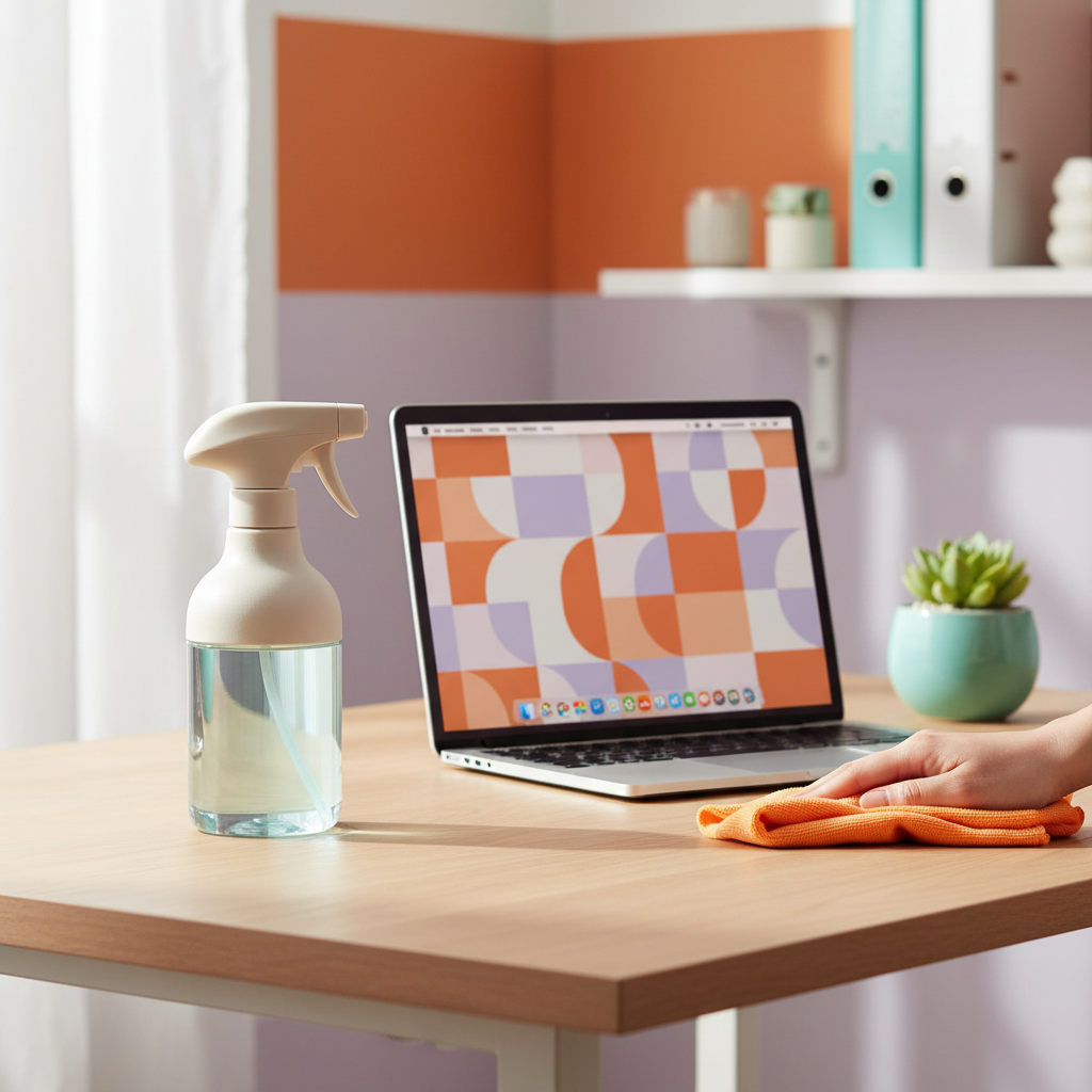 Refillable spray bottle beside a laptop and plant in a colorful home office