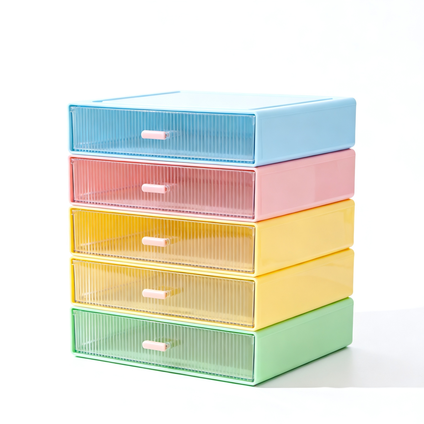 Colorful pastel blue pink yellow and green multi-drawer organizer with translucent ribbed fronts