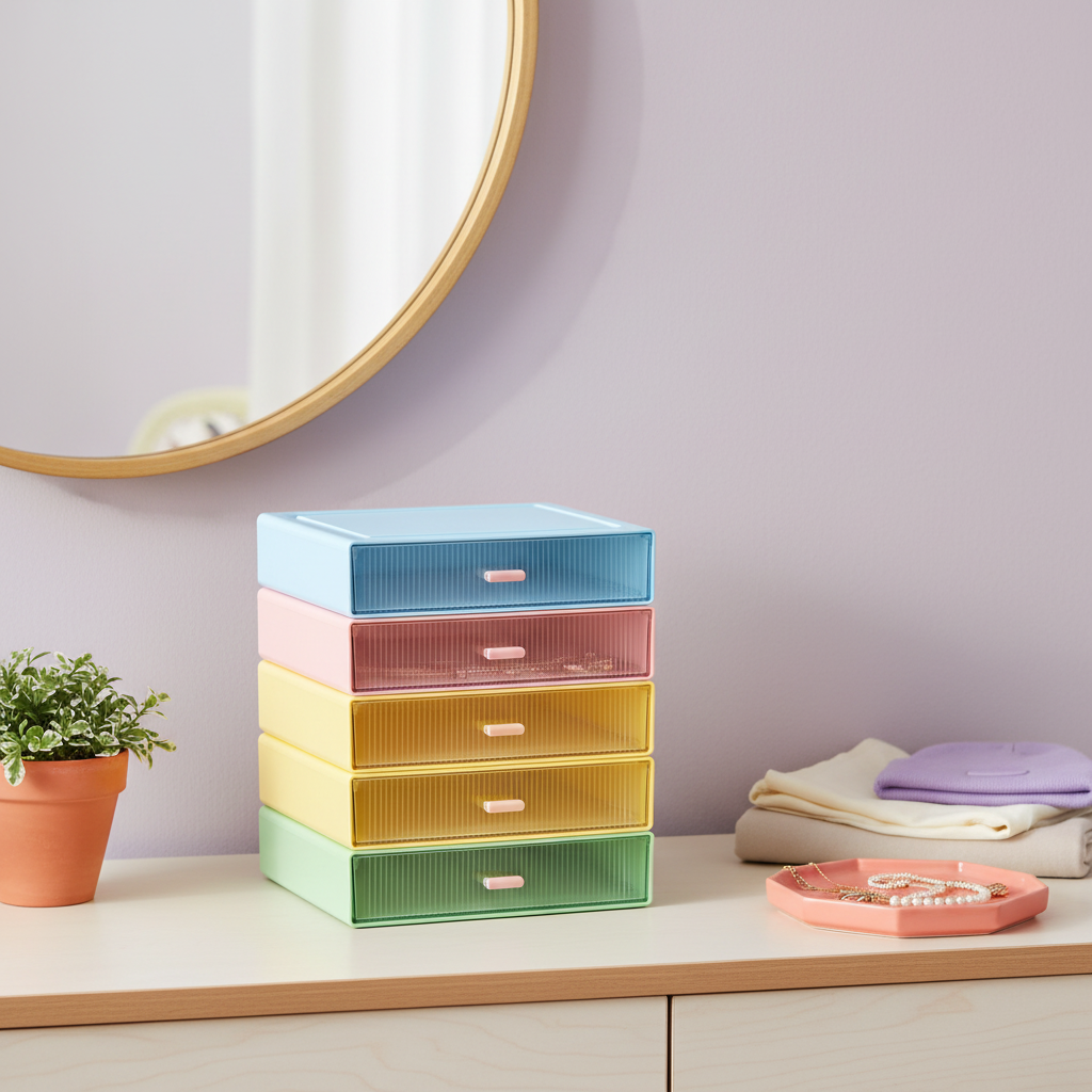 Pastel drawer organizer on a bedroom dresser with jewelry and accessories