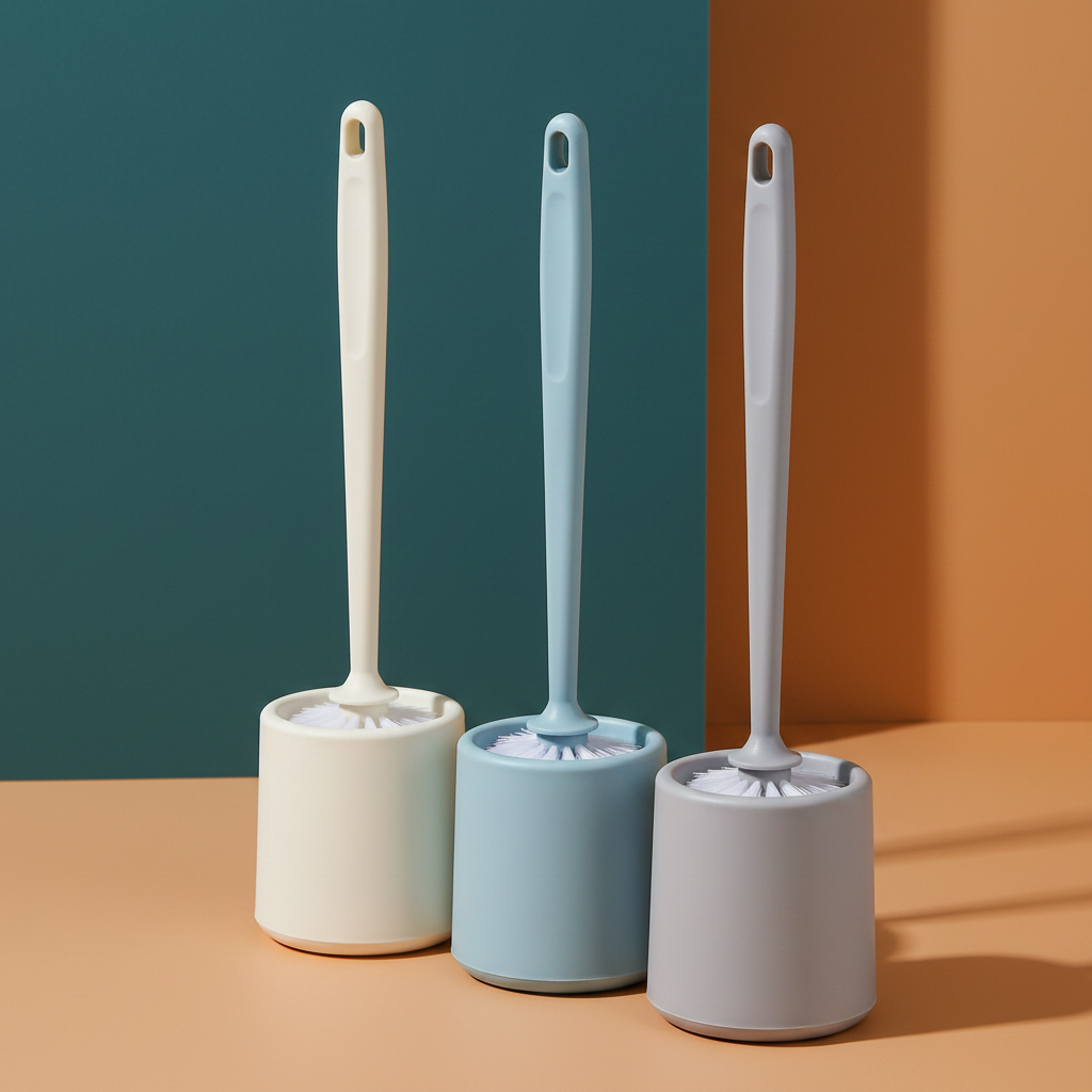 Close-up of the colorful toilet brush handles, round holders, and white bristles