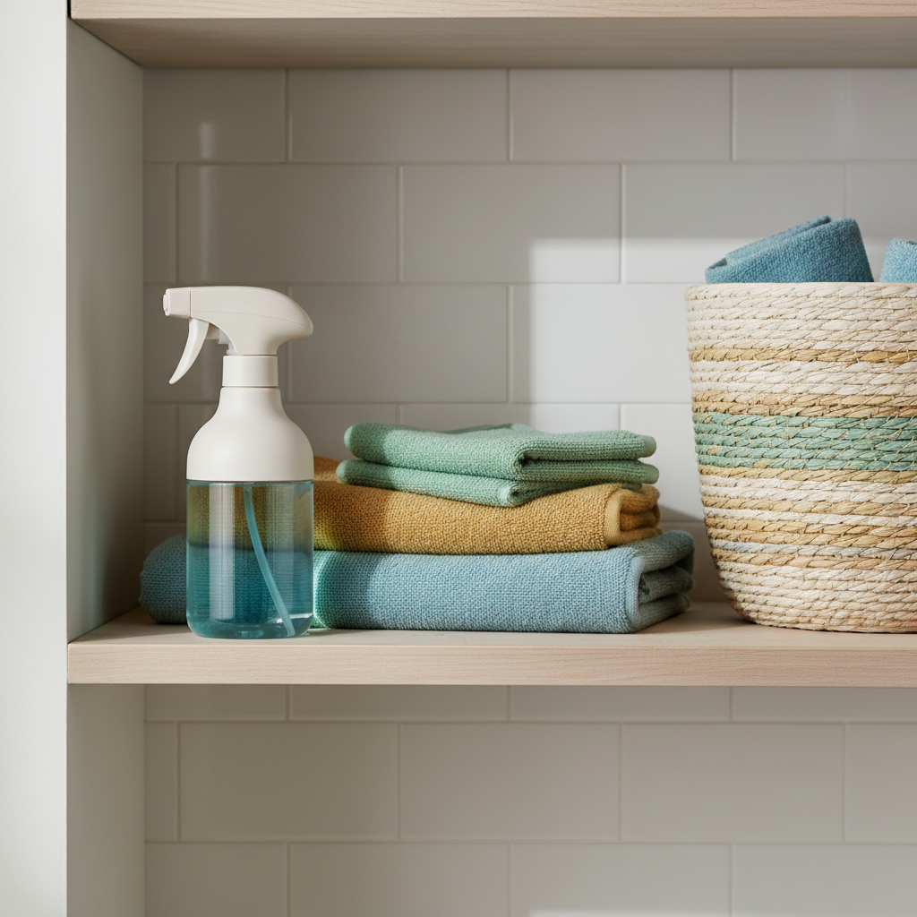Refillable spray bottle on a laundry room shelf beside folded towels and a woven basket