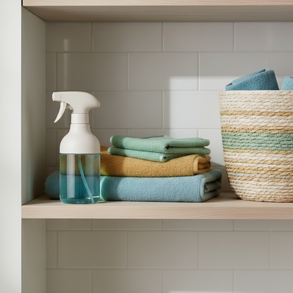Refillable spray bottle on a laundry room shelf beside folded towels and a woven basket
