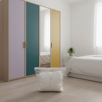 Clear storage bag holding a white duvet beside a colorful wardrobe