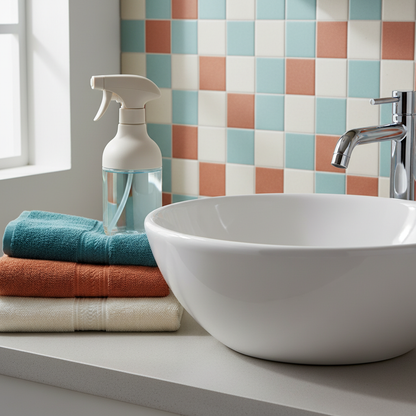 Refillable spray bottle beside a ceramic sink and folded towels in a colorful modern bathroom