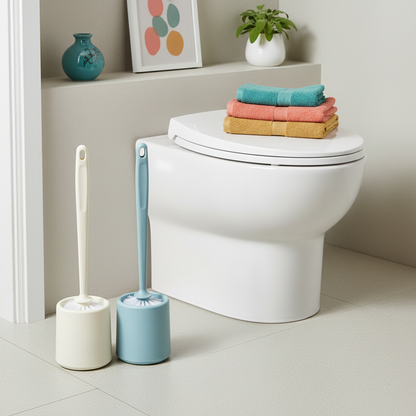 Three-piece colorful toilet brush set arranged in a modern bathroom