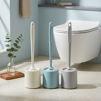 Three-piece toilet brush set styled in a minimalist modern bathroom