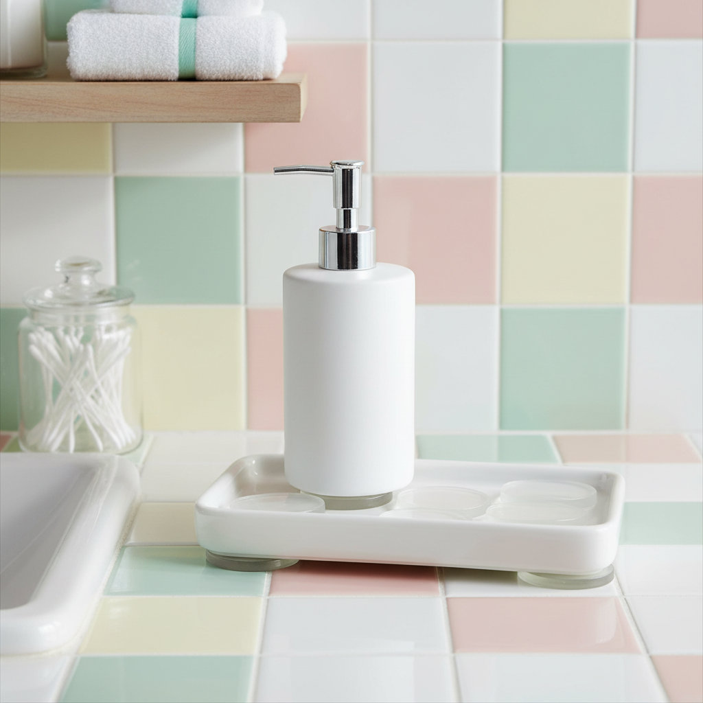 Transparent protective pads beneath a soap dispenser and ceramic tray in a colorful bathroom