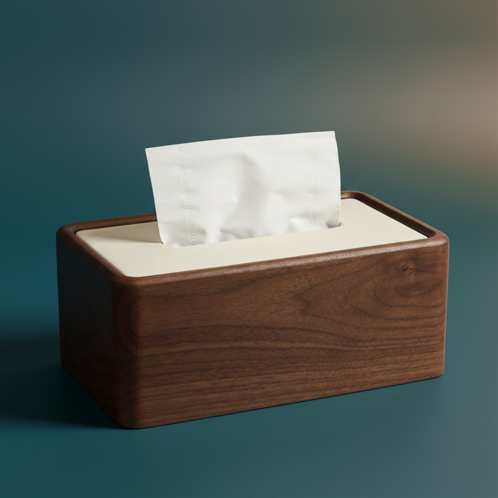 Close-up of the walnut wood grain and rounded edges of a tissue box cover