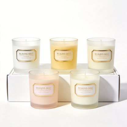 Five frosted glass candles arranged in a presentation box