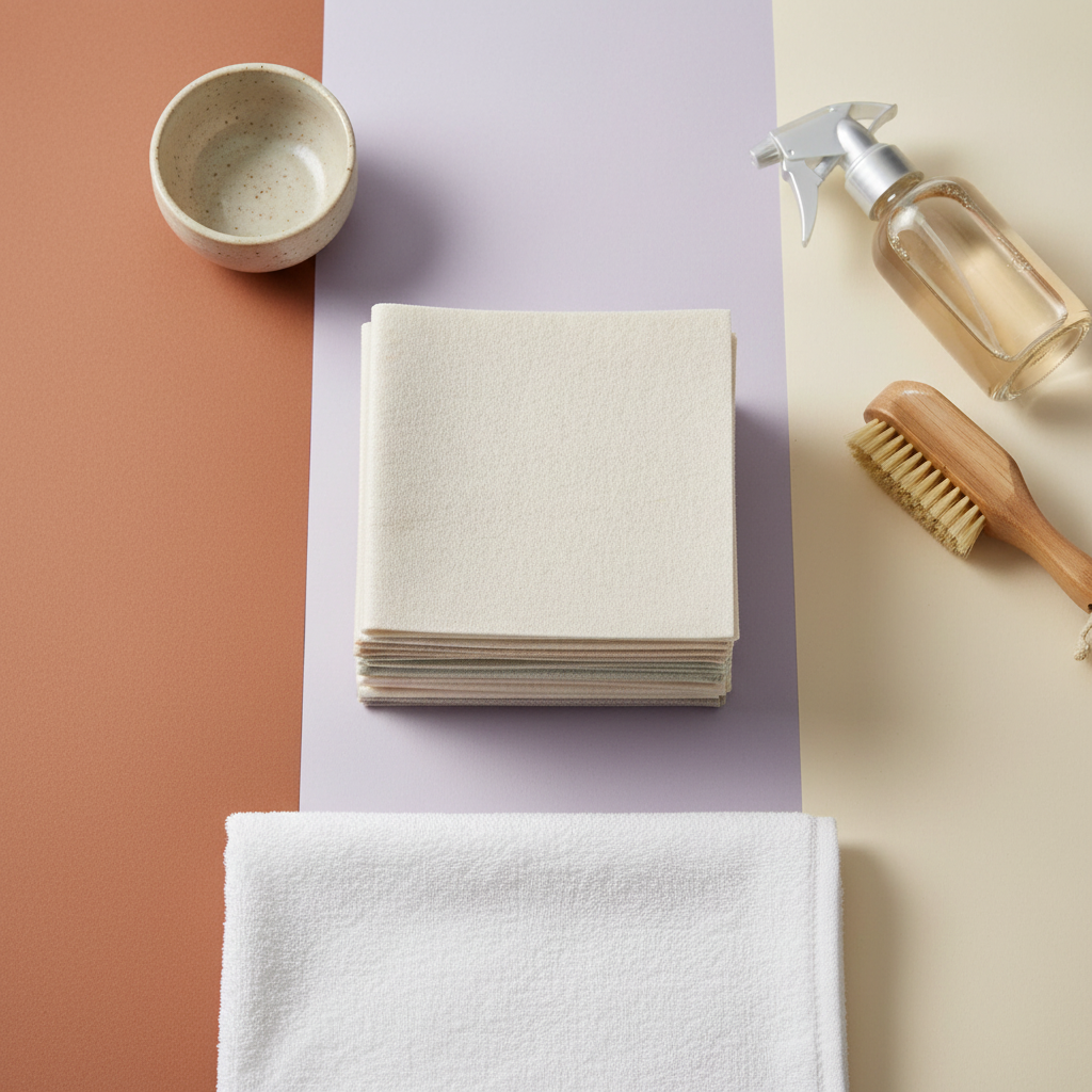 Reusable cleaning cloths arranged with a spray bottle, wooden brush and folded towel in a colorful flat lay