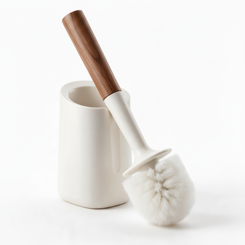 Ivory ceramic bathroom toilet brush holder with wooden handle and white bristles on a white background