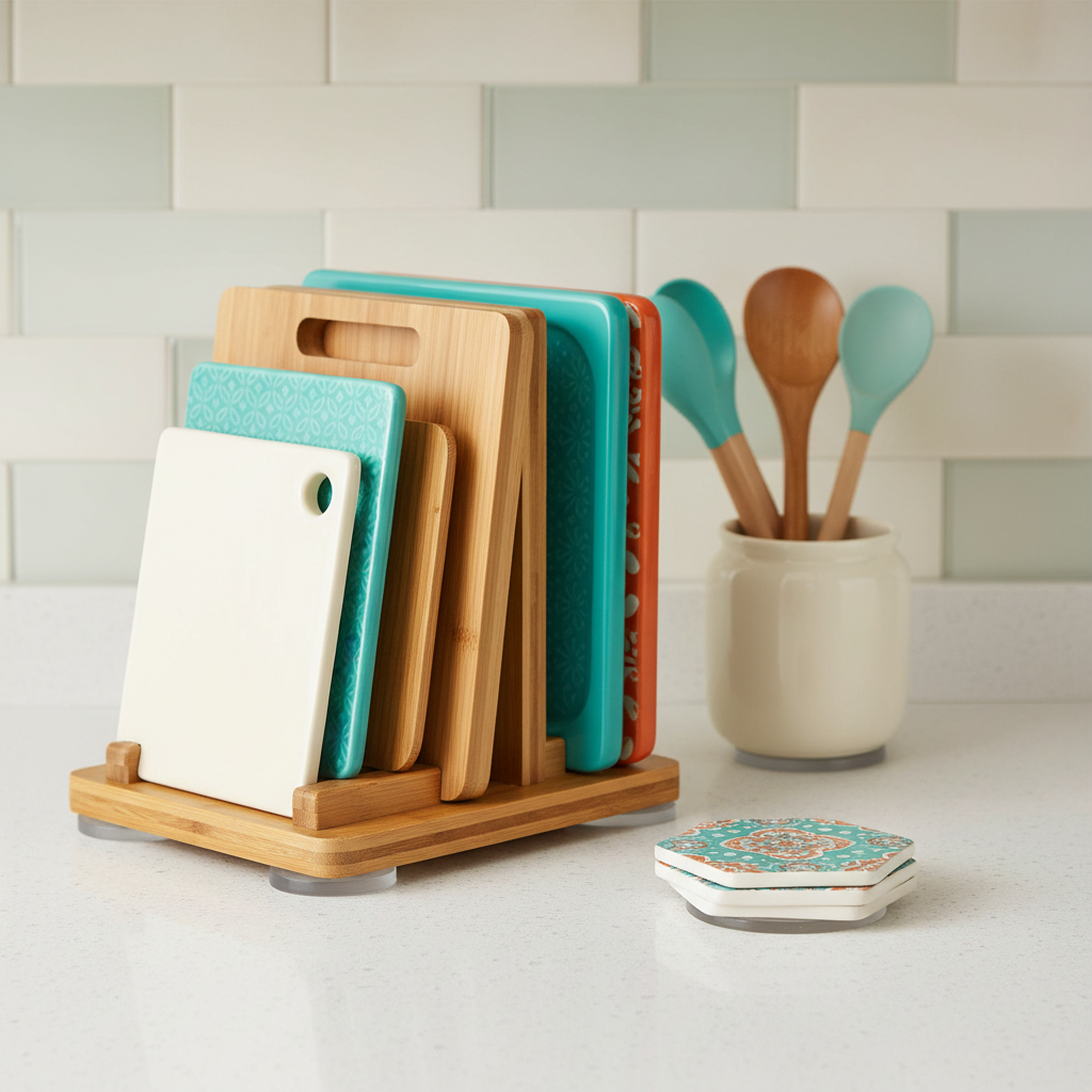Transparent protective pads beneath kitchen accessories on a colorful countertop
