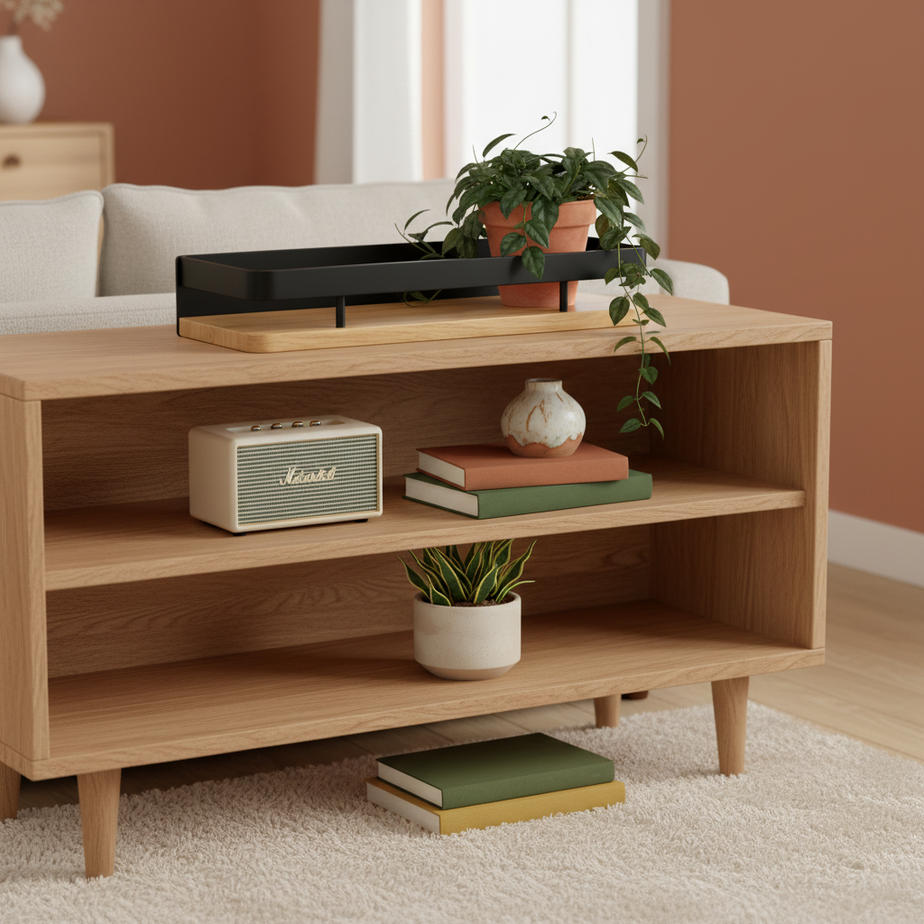 Black metal and wood desktop organizer stand styled on a colorful living room console
