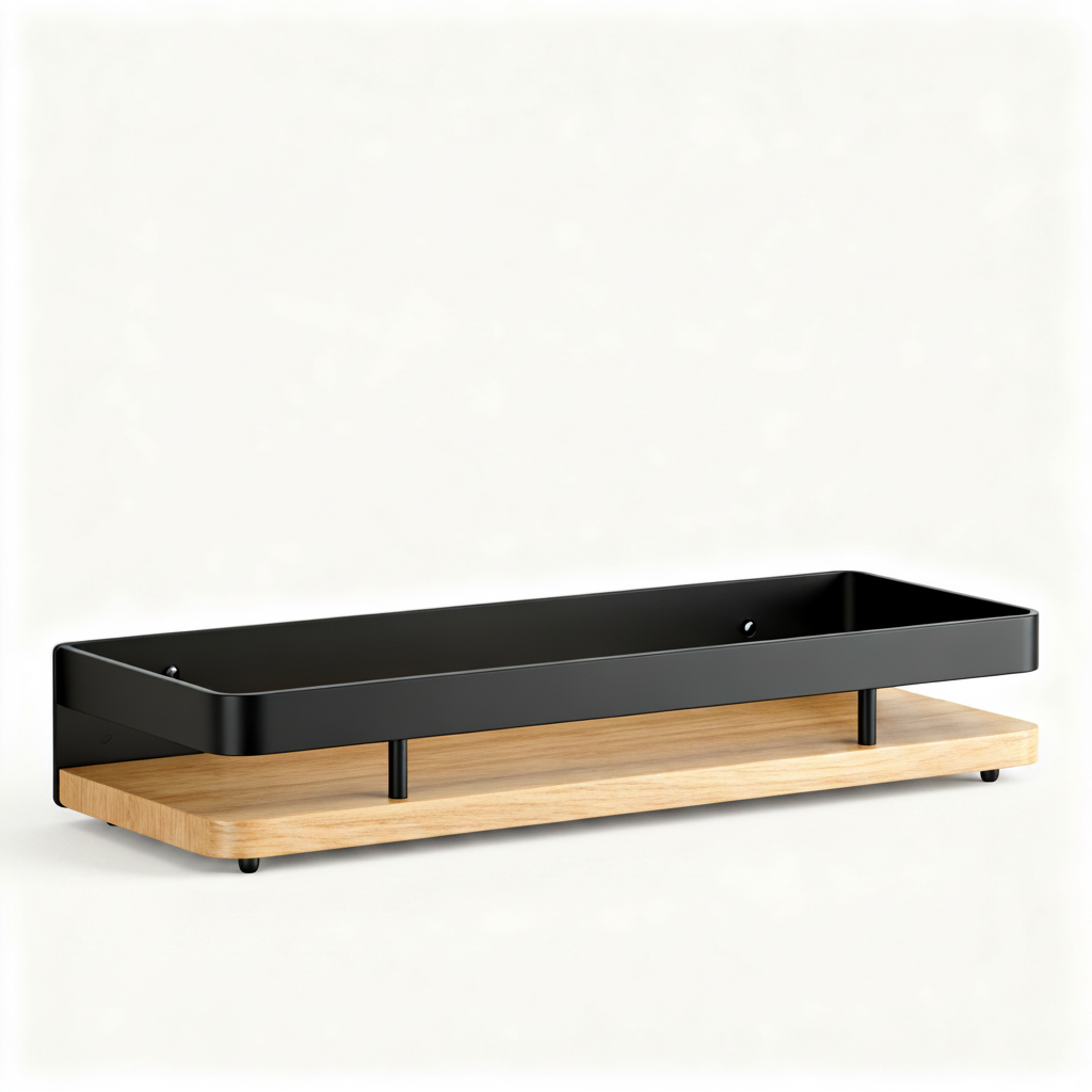 Black metal and wood two-tier desktop organizer stand on a white background