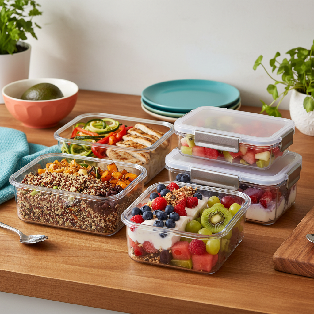 Clear rectangular food containers filled with colorful prepared vegetables, grains and fruit