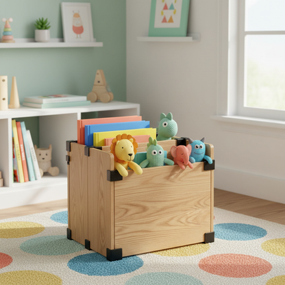Open wooden storage crate holding colorful books and soft toys in a bright room