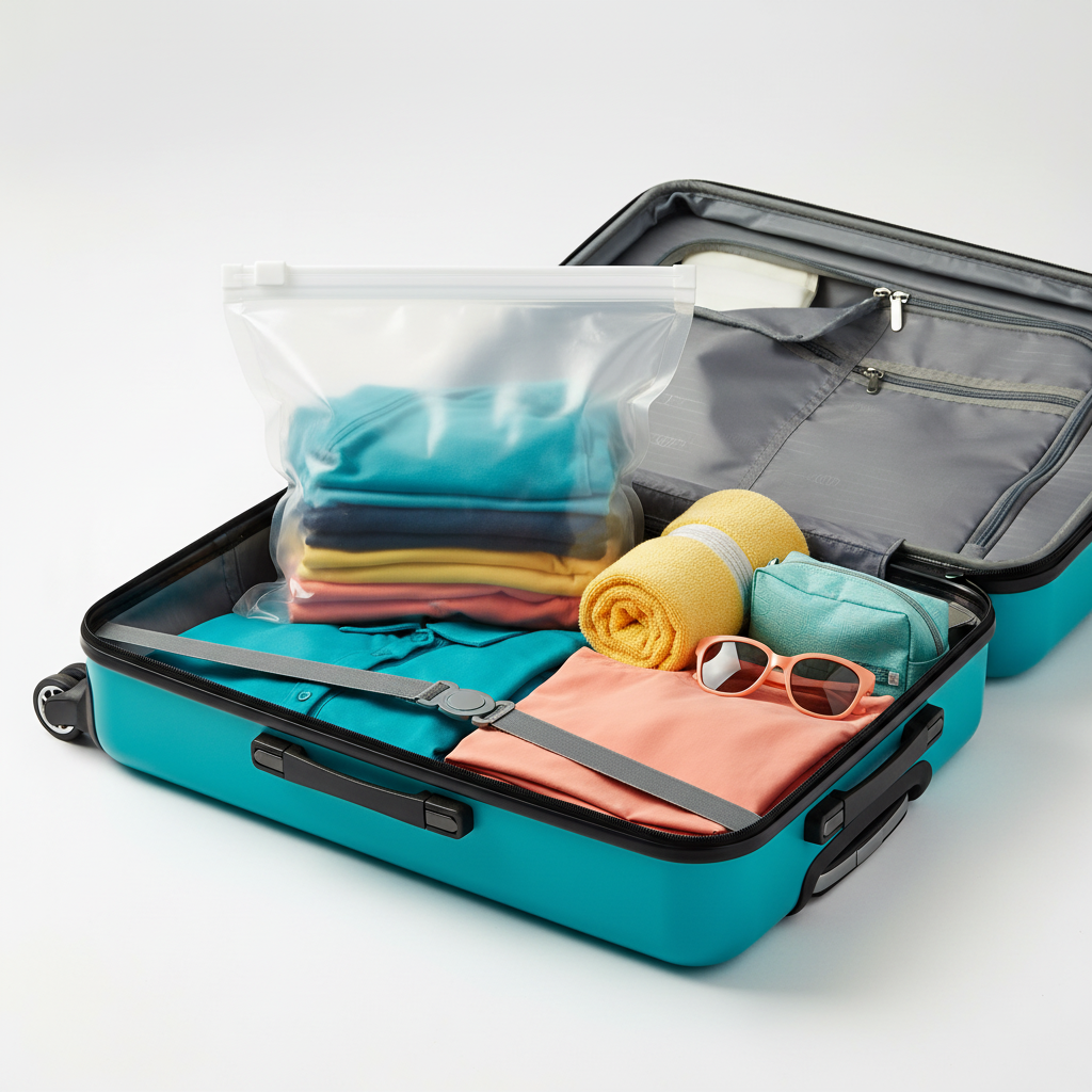 Clear storage bag organizing colorful clothing inside an open suitcase