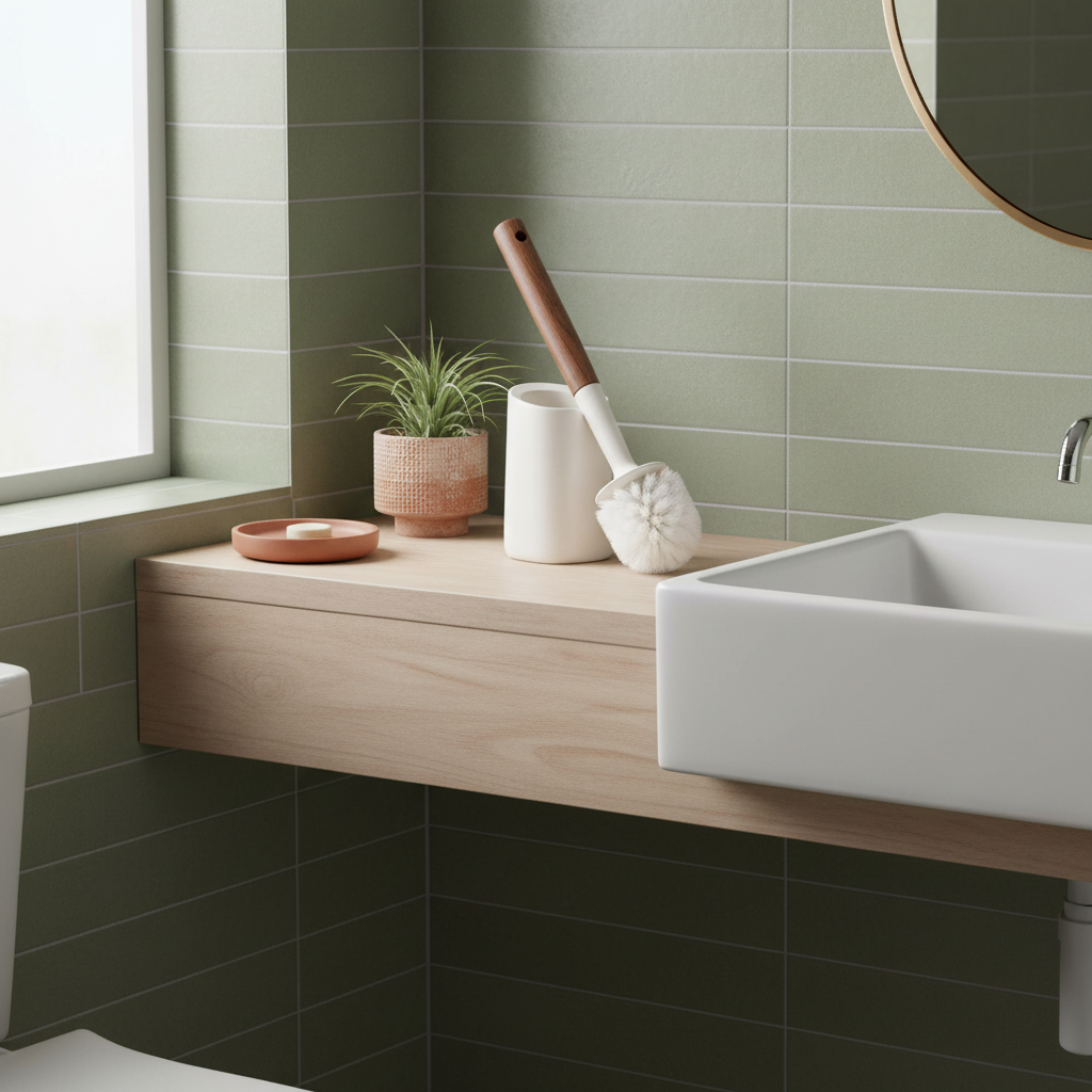 Ceramic bathroom cleaning brush and holder beside a sink in a colorful modern bathroom