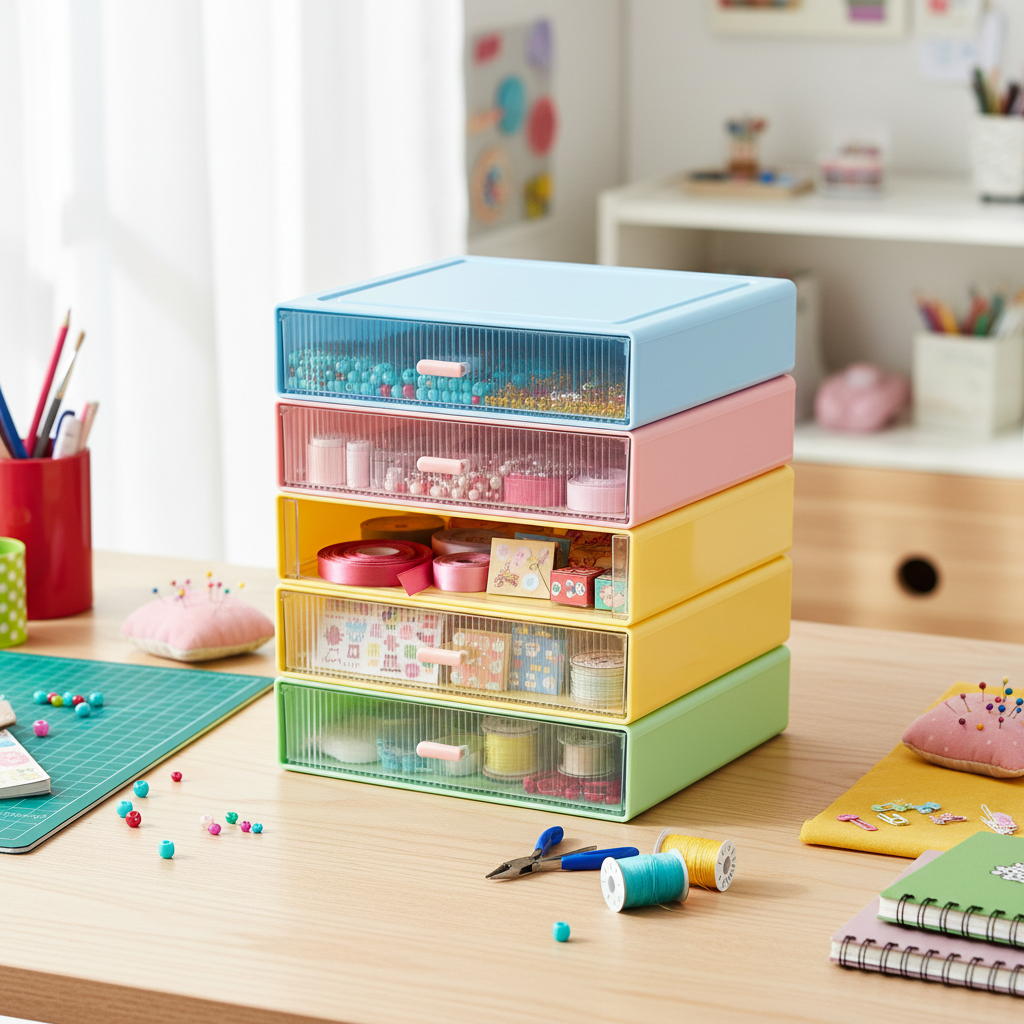 Colorful multi-drawer organizer sorting craft supplies in a creative workspace