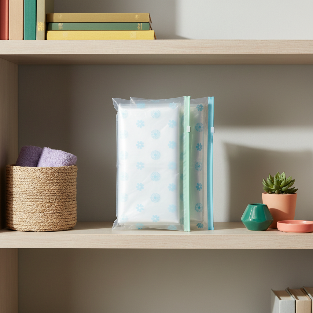 Clear floral zip storage bags styled with books, textiles, baskets, and colorful accessories