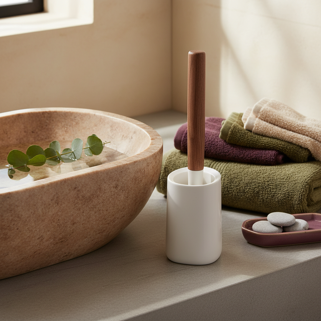 Ivory ceramic toilet brush and wooden handle beside a stone basin in a spa-inspired bathroom