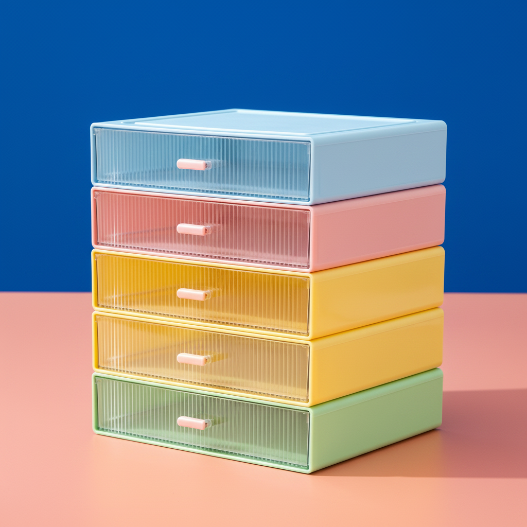 Close-up of ribbed translucent drawer fronts and pastel handles on the organizer