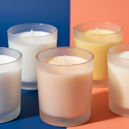 Close-up of a frosted glass candle vessel, wax surface and centered wick