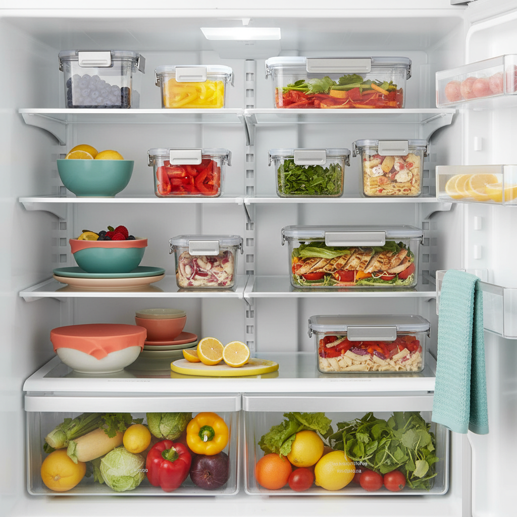 Clear snap-lock food storage containers arranged neatly with produce inside a bright refrigerator