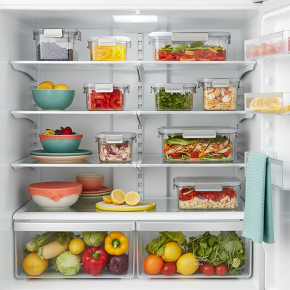 Clear snap-lock food storage containers arranged neatly with produce inside a bright refrigerator
