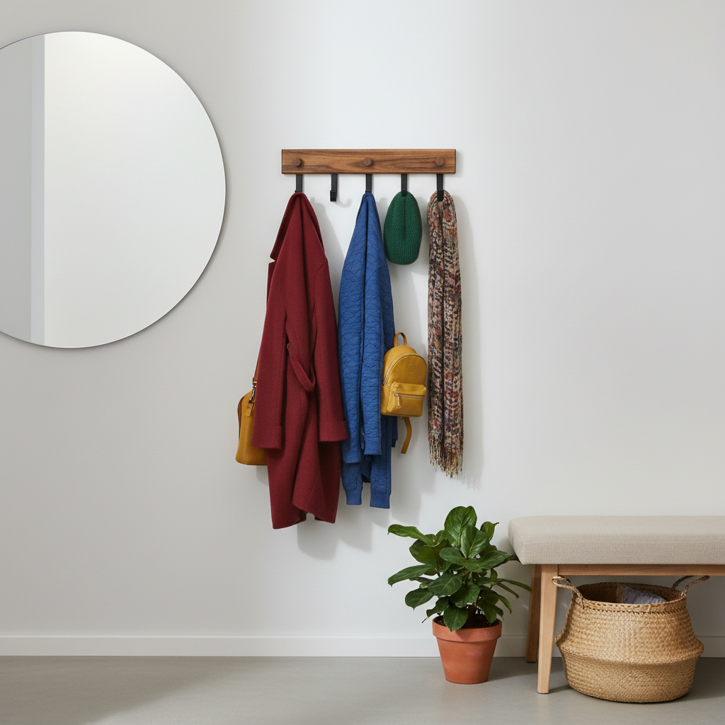 Warm wood five-hook wall-mounted coat rack styled in a colorful contemporary hallway
