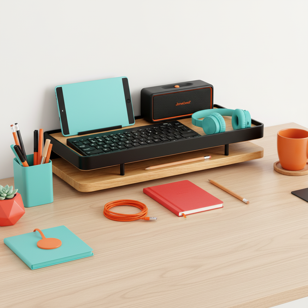 Two-tier desktop organizer stand showing keyboard, tablet, notebook, and headphones storage