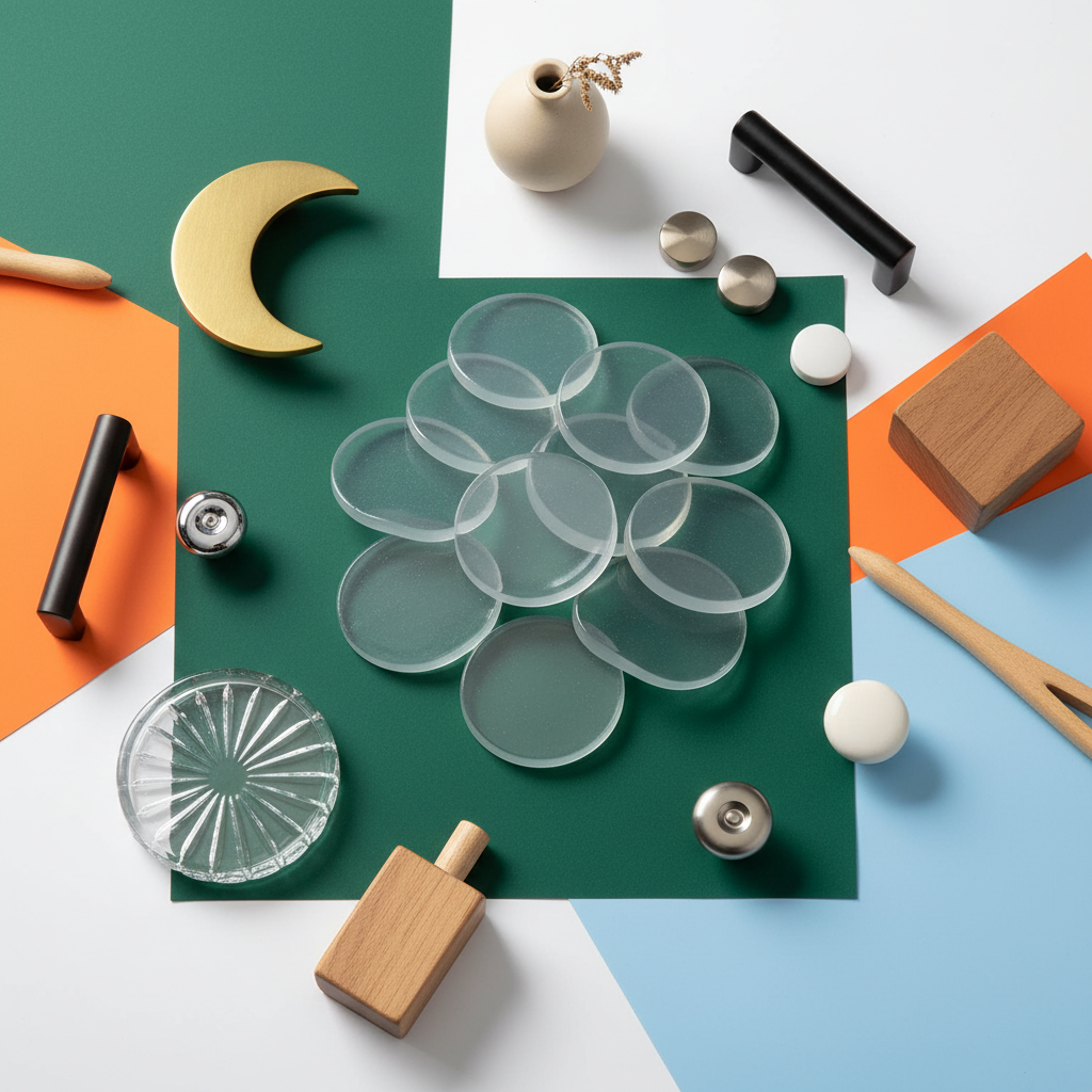 Clear round protective pads arranged with cabinet hardware, glassware and colorful home decor