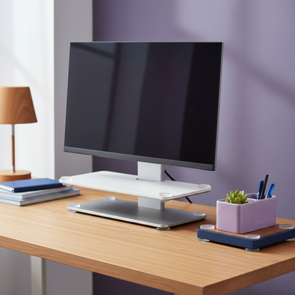 Clear round pads beneath a monitor stand and desk organizer in a colorful office