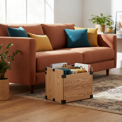 Wood-look open storage crate holding throws and magazines in a colorful living room