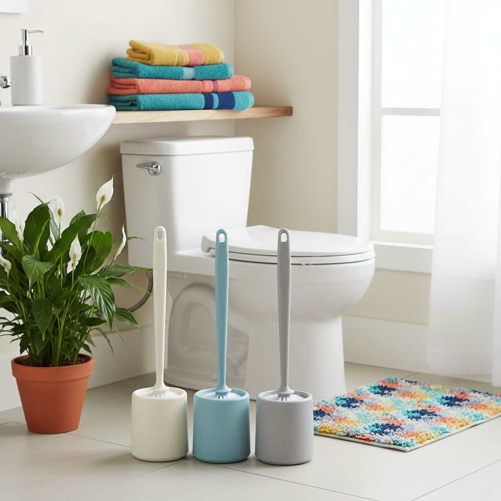 Three colorful toilet brushes with matching holders in a bright family bathroom