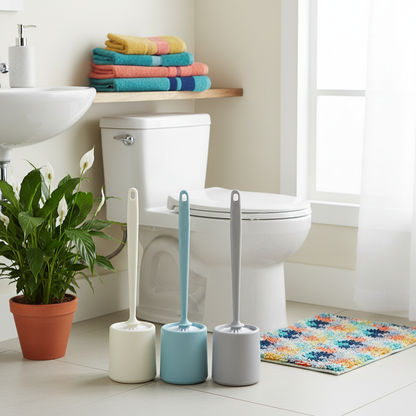 Three colorful toilet brushes with matching holders in a bright family bathroom