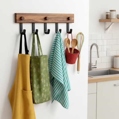 Wood and black five-hook wall rack holding aprons and kitchen towels