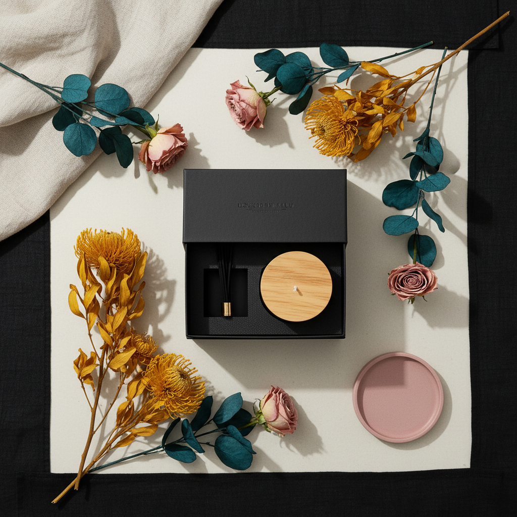 Black presentation box, wood-lid fragrance jar and dark accessory arranged with flowers and linen