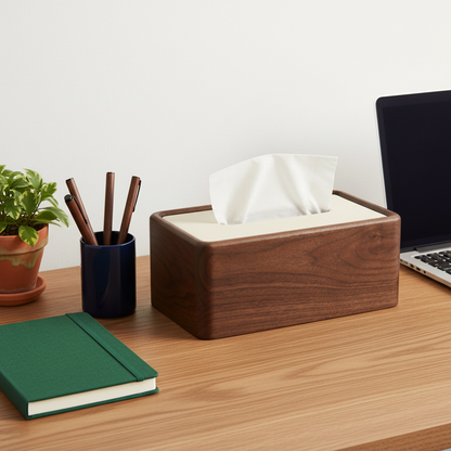 Walnut wood tissue box cover on a stylish home office desk