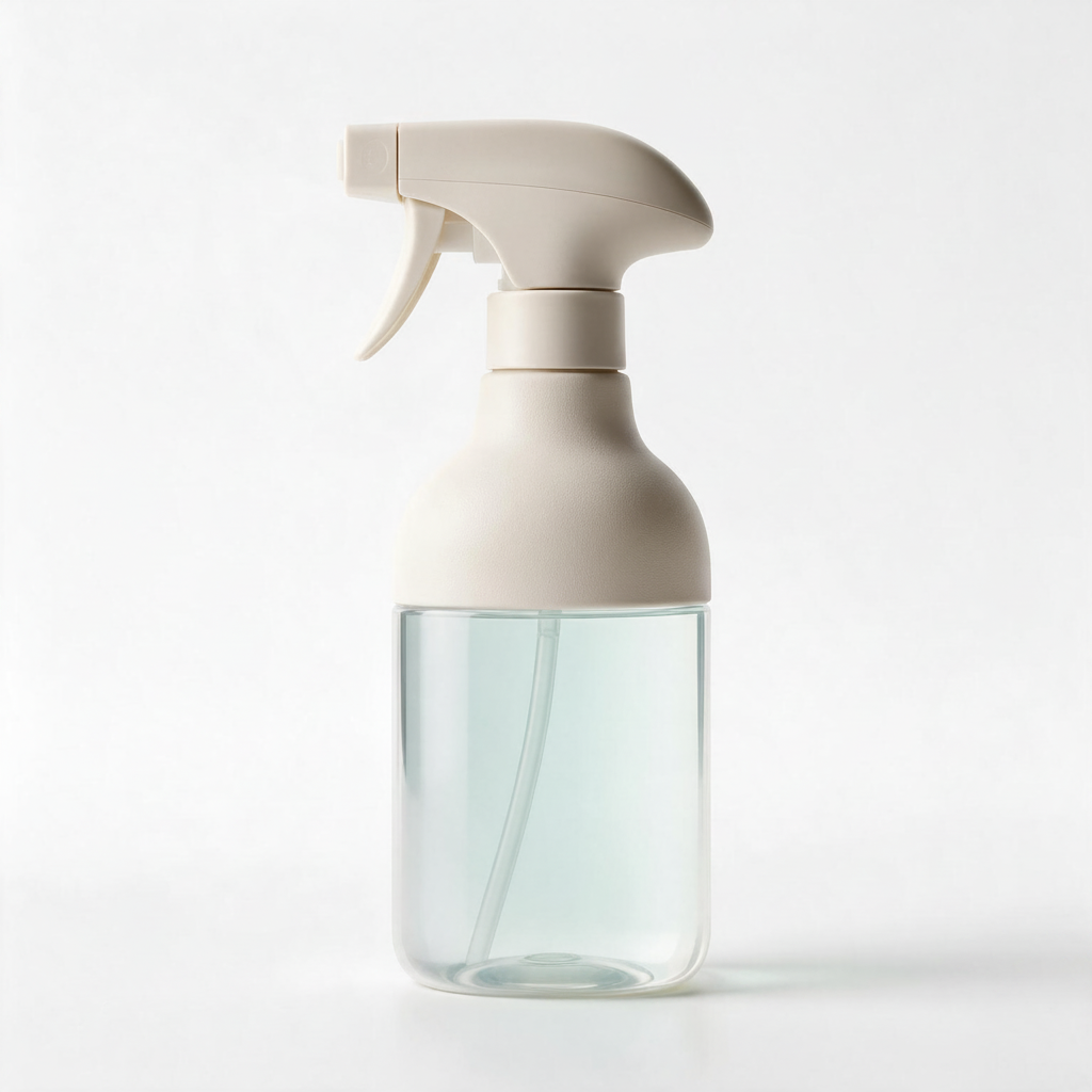Clear refillable spray bottle with a soft ivory trigger on a white background