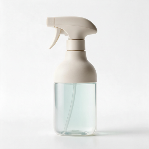 Clear refillable spray bottle with a soft ivory trigger on a white background