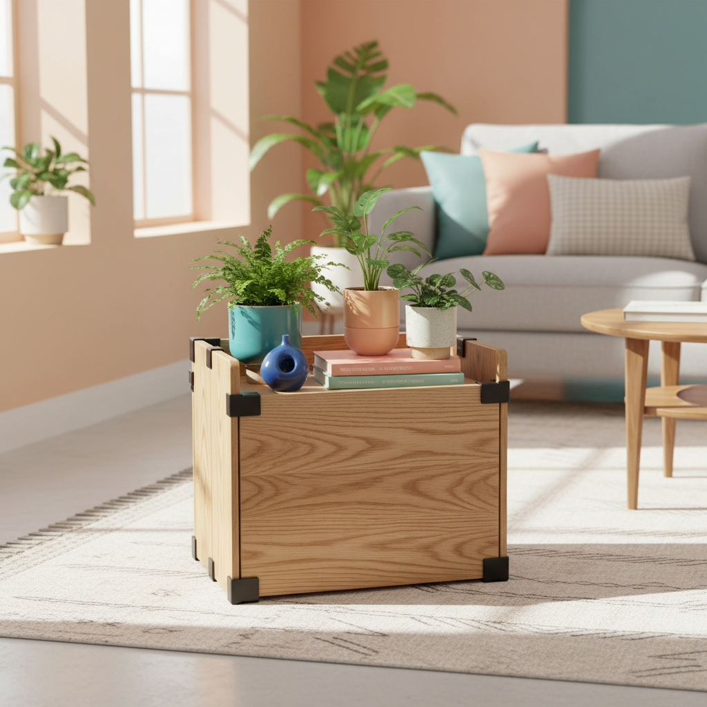 Wooden open storage crate styled with a green plant and colorful ceramic decor