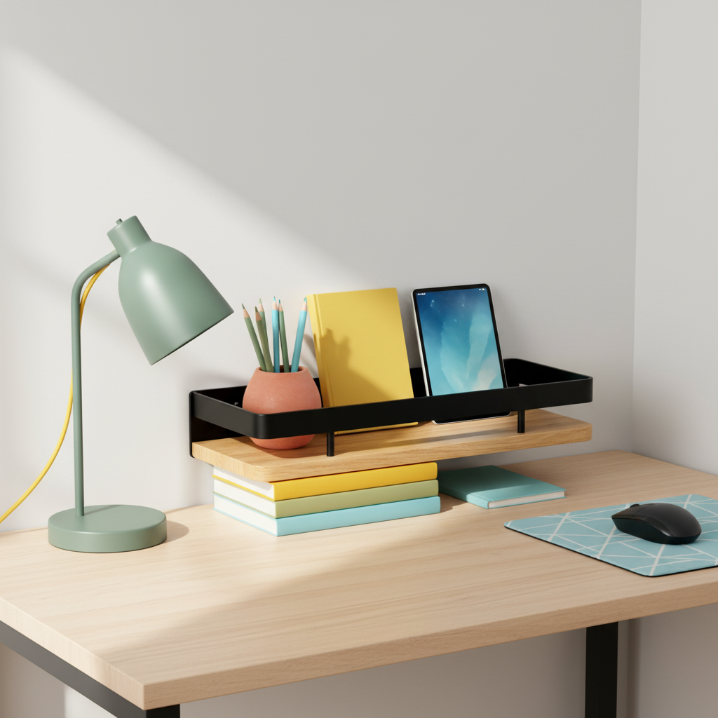 Black metal and wood two-tier desktop organizer stand on a colorful study desk
