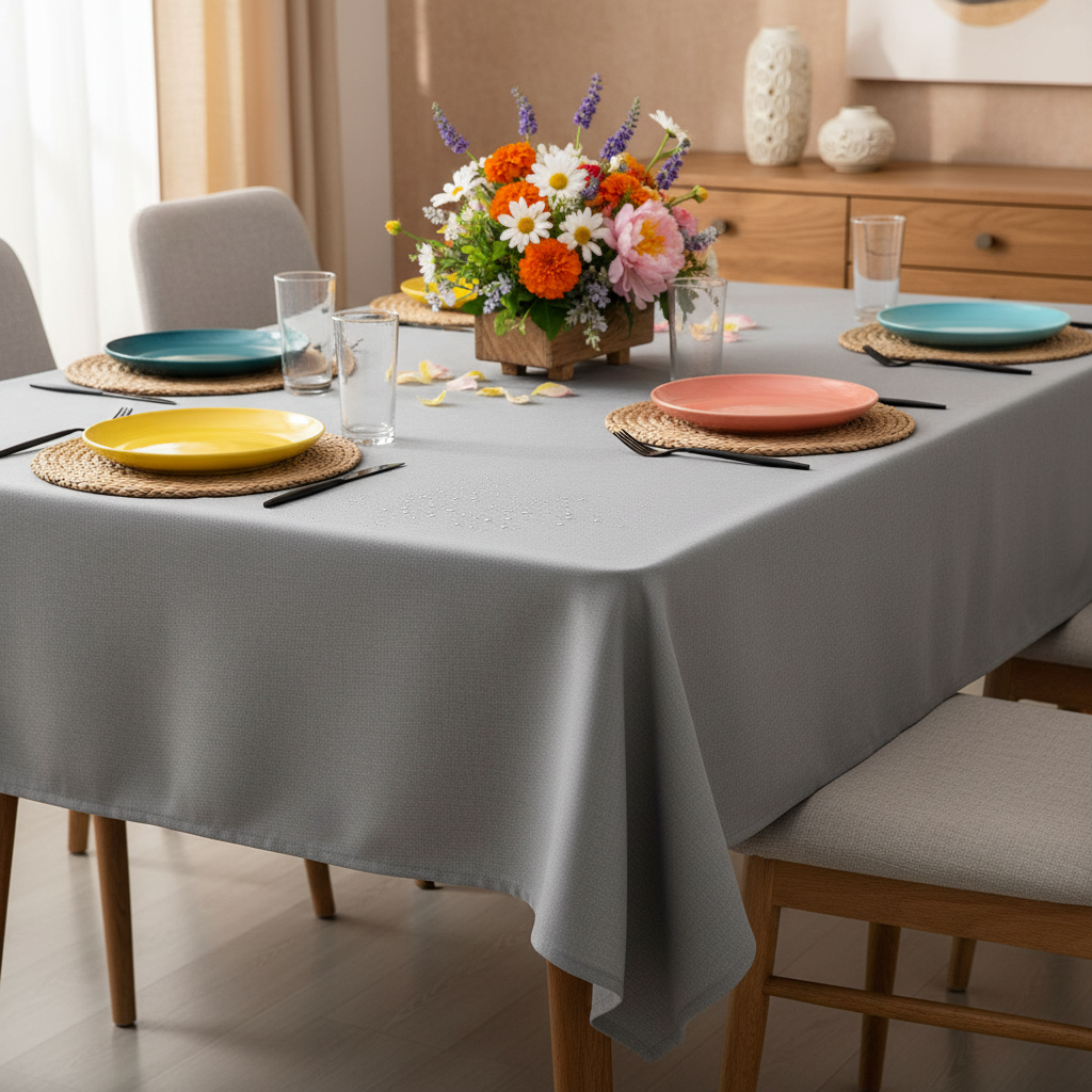 Gray fabric table cover styled on a colorful modern dining table